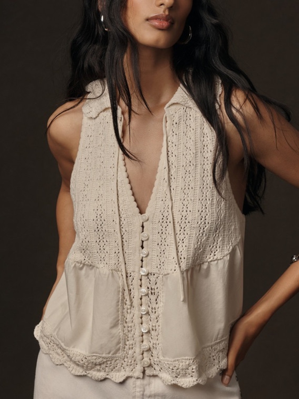 Camila Coelho Crochet Lace Cotton Button Front Tank Top Ivory